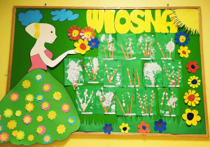 Tablica z wykonanymi wiosennymi baziami przez dzieci z grupy Pszczółki.