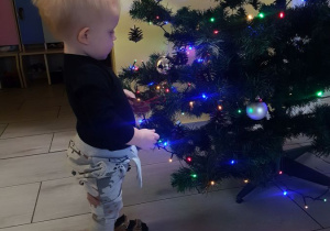 Marcelek ubiera świąteczne drzewko.