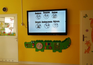 Ekran monitoru interaktywnego przedstawiający buźki z różnymi minami.