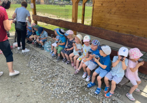 Dzieci piją wodę podczas małego pikniku.