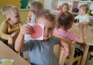 Stanisław pokazuje opiekunce robiącej zdjęcie obrazek czerwonego jabłuszka.