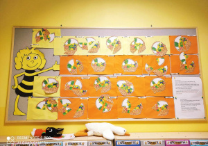 Zdjęcie tablicy grupy Pszczółki z wykonanymi przez dzieci pracami plastycznymi pt. ,,Owocowy koszyk''.