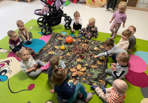 Dzieci siedzące wokół rozłożonych na dywanie darów jesieni.