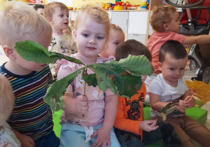Zoja siedząca pośród dzieci pozuje z liściem kasztanowca.