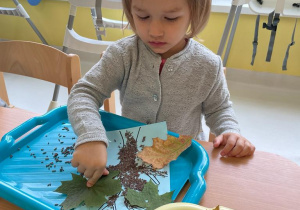 Zuzia przykleja liście na swój obrazek.