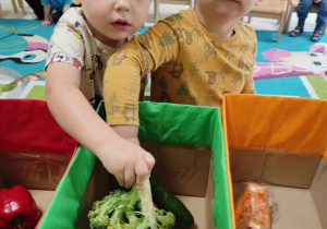 Szymon i Szymon pozują do zdjęcia podczas wkładania do zielonego pudełka brokuła.