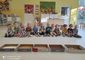 Zdjęcie dzieci z grupy Pszczółki siedzących na podłodze przed ułożonymi pudełeczkami z produktami zbożowymi, przygotowując się do zajęć pt. ,,ZBOŻOWY SZLAK''.