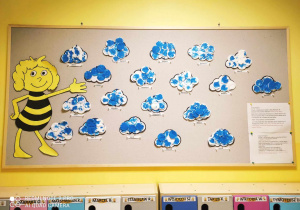 Zdjęcie tablicy grupy Pszczółki z wykonanymi przez dzieci pracami plastycznymi pt. ,,WACIKOWE CHMURKI''.