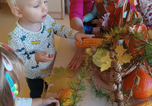 Tobiasz i Marcelina dekorują jesienny koszyczek kolbą kukurydzy oraz żółtą dynią.