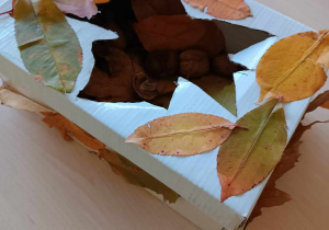 Zdjęcie pudełka ozdobionego jesiennymi liśćmi, które zostało wykonane przez opiekunki z grupy Motylki.