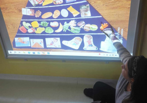 Opiekunka opowiada dzieciom co znajduje się na konkretnych poziomach Piramidy Żywnościowej.