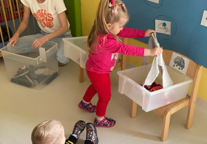 Dziewczynka wkłada do odpowiedniego pudełka bluzeczkę z długim rękawem.