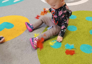 Zdjęcie Amelki bawiącej się na dywanie kolorowymi piórkami.