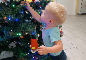 Antoni starannie wiesza swoją kolorową drewnianą choineczkę na świątecznym drzewku.