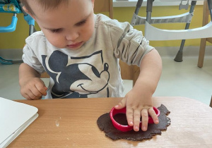 Fotografia chłopczyka przyciskającego foremkę do ciasta.