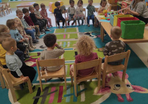 Zdjęcie dzieci i opiekunki z grupy Pszczółki siedzących w kręgu na krzesełkach podczas zajęć pt. ,,CZYSTE BIURKO''.