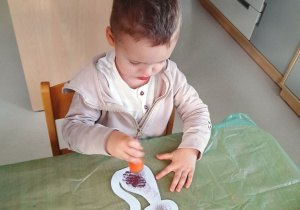 Chłopczyk maluje kotka za pomocą gąbki oraz brązowej farby.
