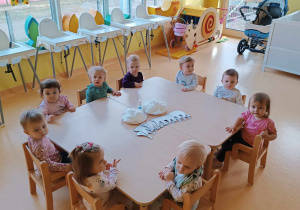 Zdjęcie dzieci z grupy Motylki siedzących przy stoliczku, przygotowujących się do zajęć plastycznych pt. ,,BIAŁY NIEDŹWIADEK''.