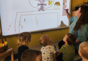 Zdjęcie dzieci z opiekunką przy tablicy interaktywnej.