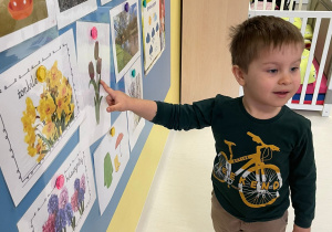 Chłopczyk wskazuje palcem na ilustrację przedstwiającą tulipany.