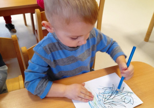Chłopczyk maluje niebieską kredką kwiatka.