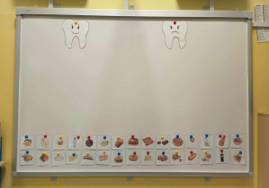Zdjęcie tablicy interaktywnej z zawieszonymi za pomocą kolorowych magnesów materiałami przygotowanymi do zajęć.