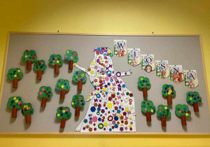 Zdjęcie tablicy grupy Pszczółki z wykonanymi przez dzieci pracami plastycznymi pt. ,,Kwitnące drzewka''.