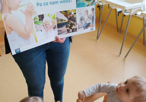 Opiekunka pokazuje dzieciom tablicę z obrazkami przedstawiającymi elementy wody.