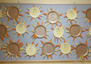 Zdjęcie tablicy grupy Pszczółki z wykonanymi przez dzieci wiosennymi słoneczkami.