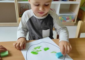 Bartoszek starannie malujący gąbeczką z zieloną farbą swoje jabłuszko.