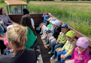 Dzieci siedzące na przyczepie traktora.