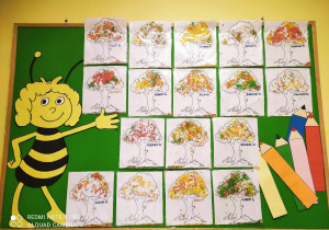 Zdjęcie tablicy grupy Pszczółki z wykonanymi własnoręcznie przez dzieci ryżowymi drzewkami.