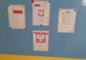 Tablica z symbolami narodowymi.